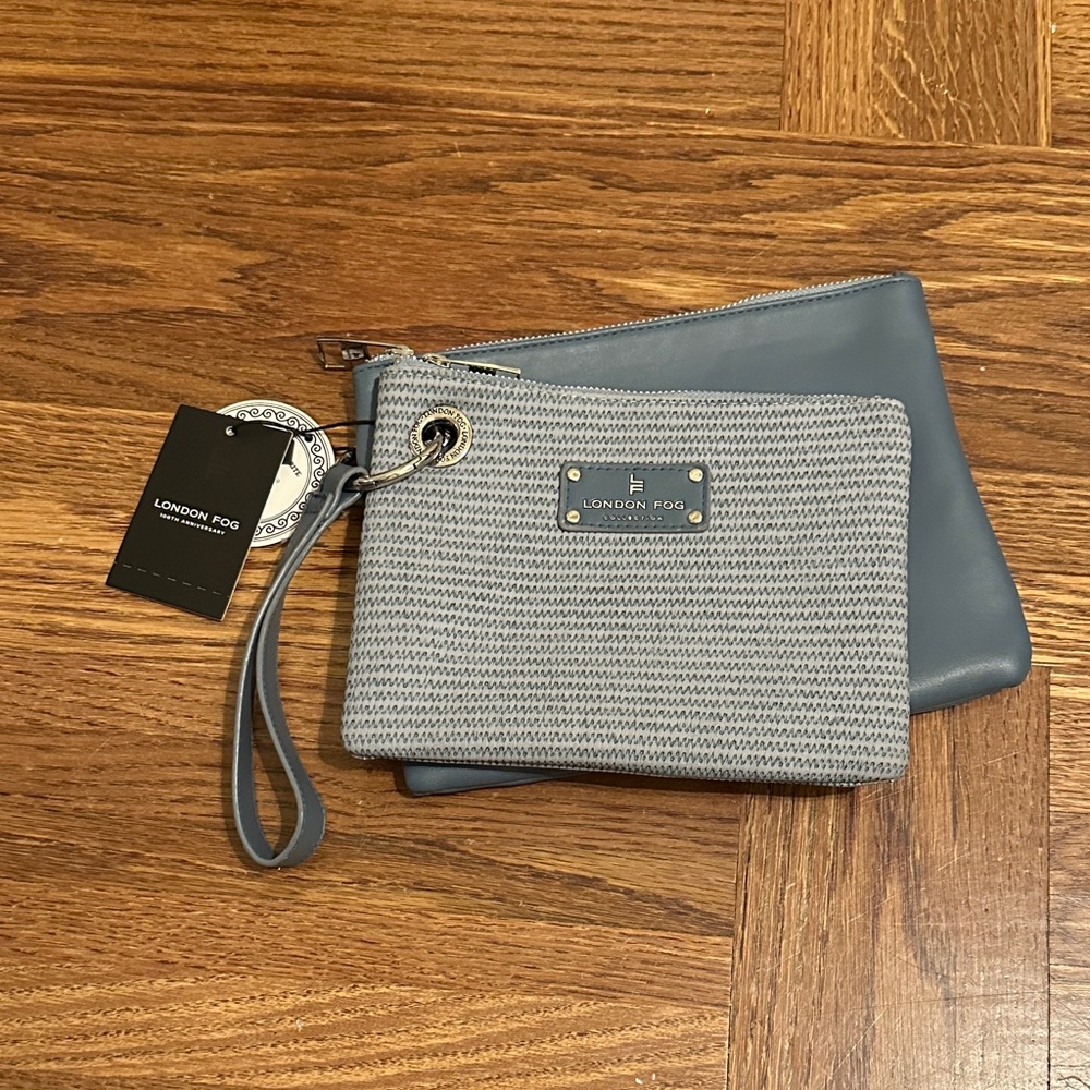 London Fog Blue & Gray Wristlet Duo Textured Vegan Leather Clutch Set